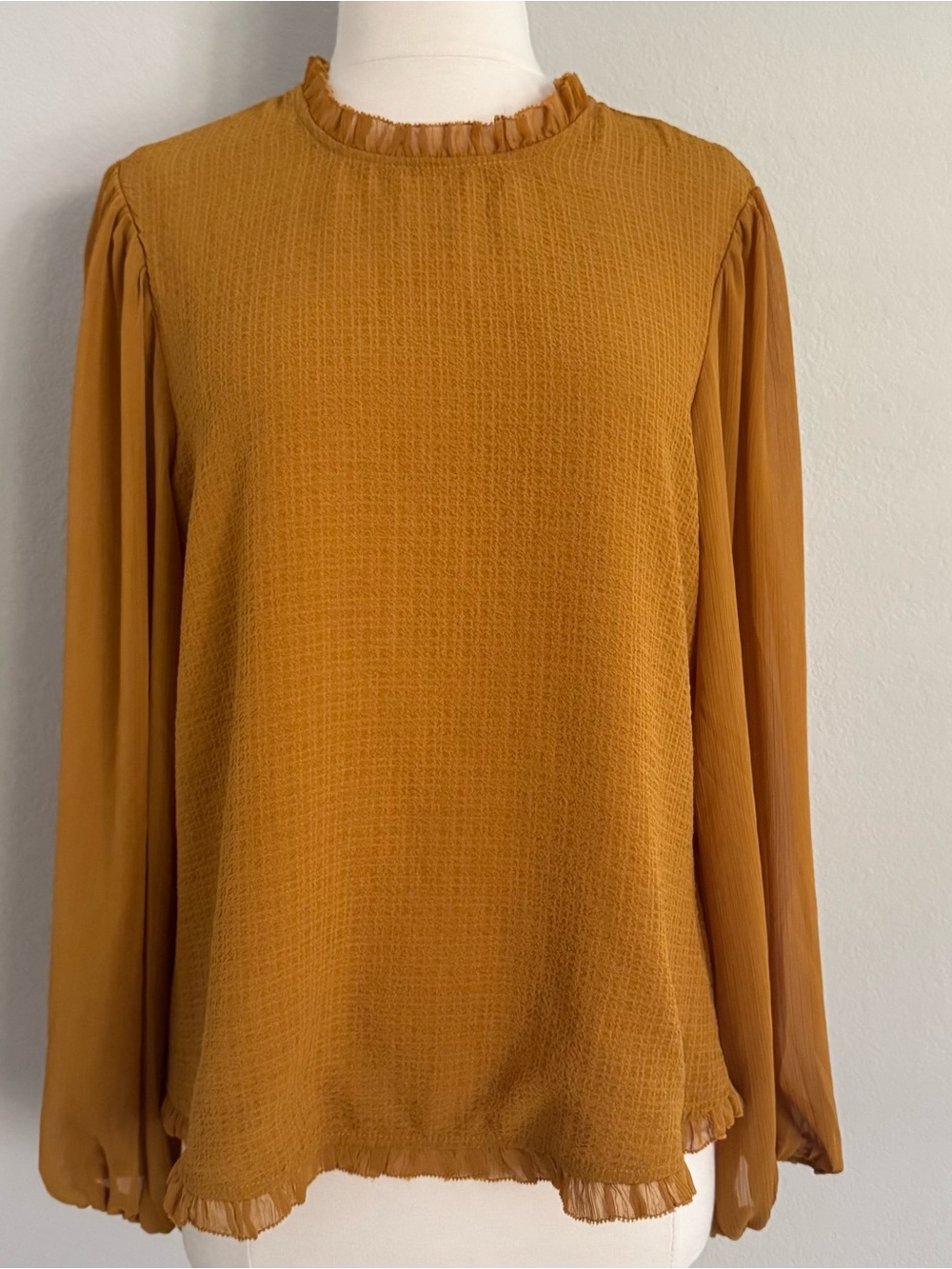 Cupio Mustard Yellow Ruffle Blouson Sleeve Top Size Large